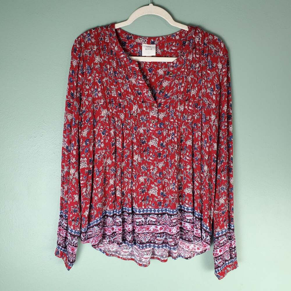 Knox Rose Womens Red Blue Floral Print V-Neck Peasant Shirt Top Size Medium